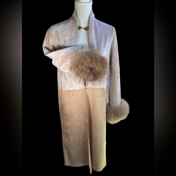 Sueded Long Jacket with Raccoon Fur Cuffs. (FC) - Picture 1 of 13